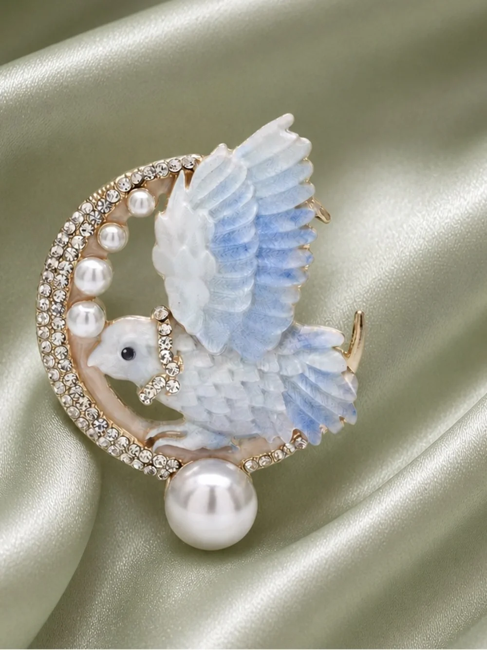 Celestial Blue Bird Pearl Gold Crystal Brooch